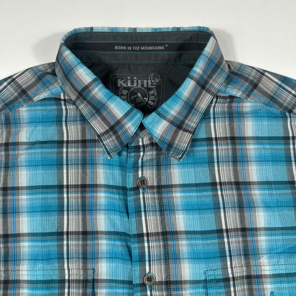 Kuhl Eluxur Button Down Shirt Mens Medium Short Sleeve Plaid Blue